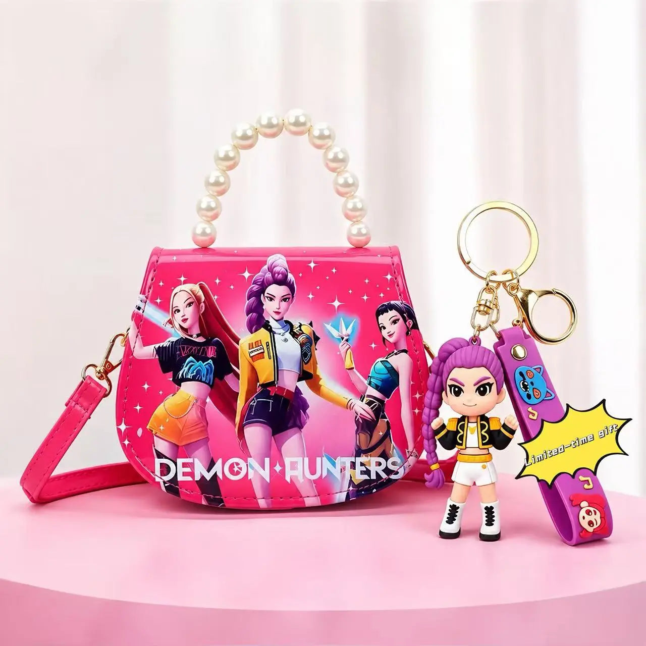 Cute Girls Crossbody Bag with Pearl Handle, Small Shoulder Purse for Kids, Lightweight Fashion Handbag for Travel, Party, School, Holiday Gift, Doll Accessory Included, Adjustable Strap, Convertible Shoulder & Crossbody Bag