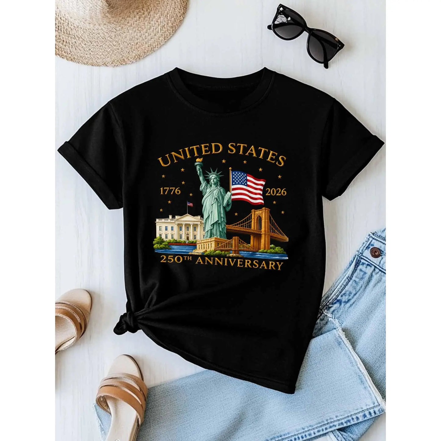 Patriotic 1776 2026 USA 250Th Anniversary Patriotic Graphic T Shirt, Aesthetic Americana Y2K Short Sleeve Crewneck Top with American Flag & Statue of Liberty Pattern for Men Women Juniors