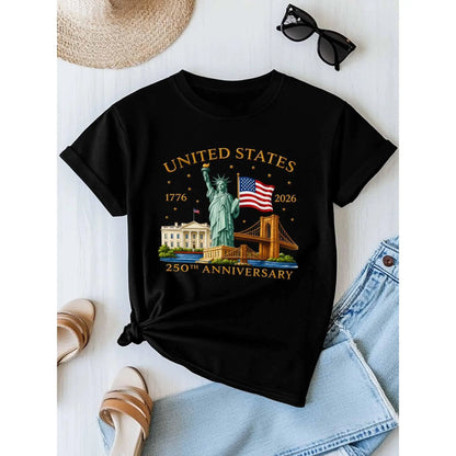 Patriotic 1776 2026 USA 250Th Anniversary Patriotic Graphic T Shirt, Aesthetic Americana Y2K Short Sleeve Crewneck Top with American Flag & Statue of Liberty Pattern for Men Women Juniors