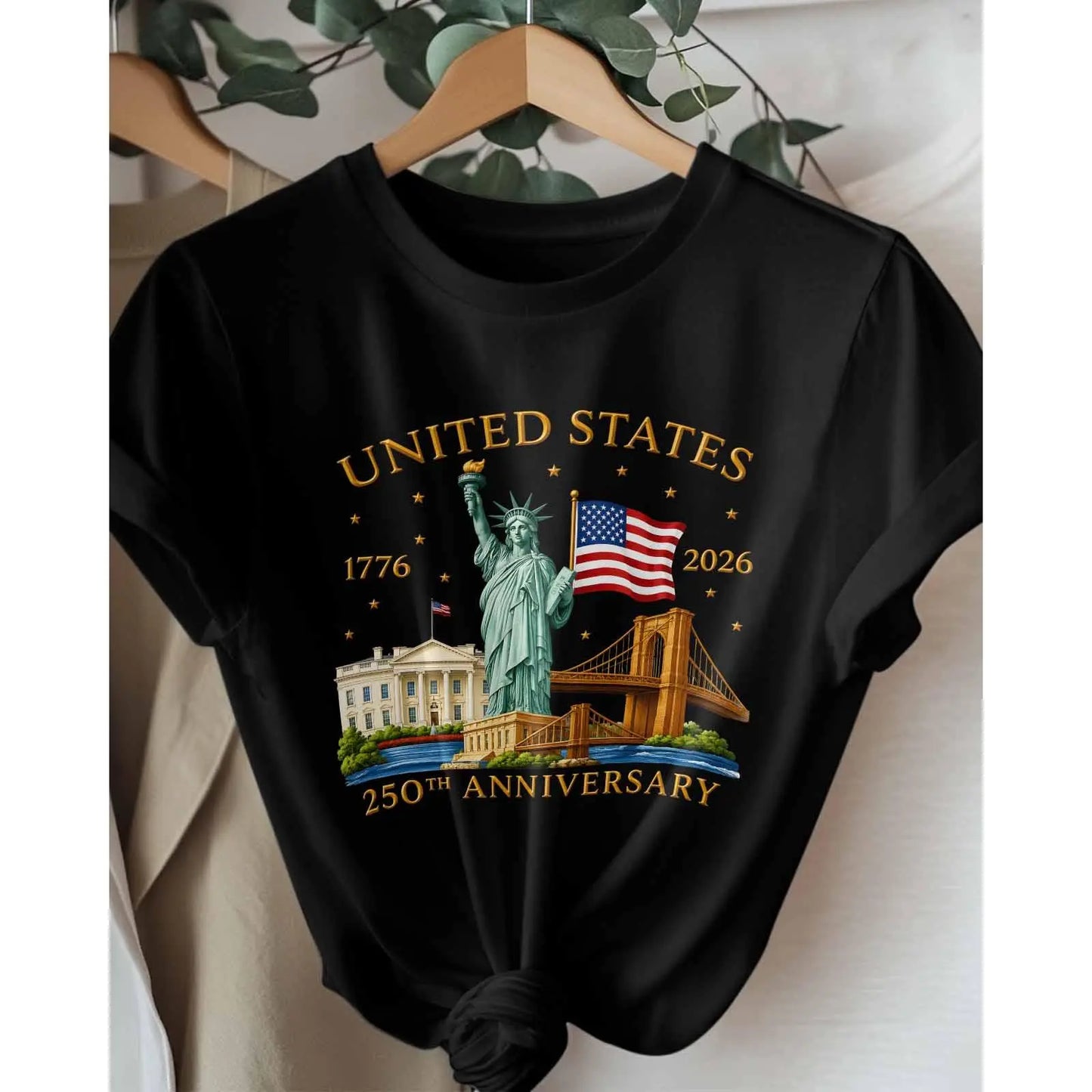 Patriotic 1776 2026 USA 250Th Anniversary Patriotic Graphic T Shirt, Aesthetic Americana Y2K Short Sleeve Crewneck Top with American Flag & Statue of Liberty Pattern for Men Women Juniors