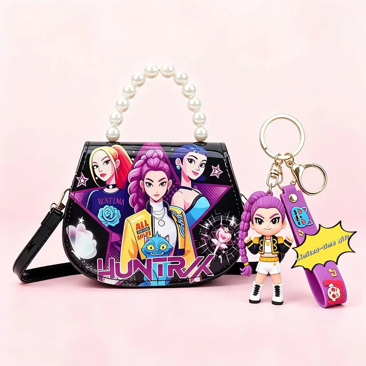 Cute Girls Crossbody Bag with Pearl Handle, Small Shoulder Purse for Kids, Lightweight Fashion Handbag for Travel, Party, School, Holiday Gift, Doll Accessory Included, Adjustable Strap, Convertible Shoulder & Crossbody Bag