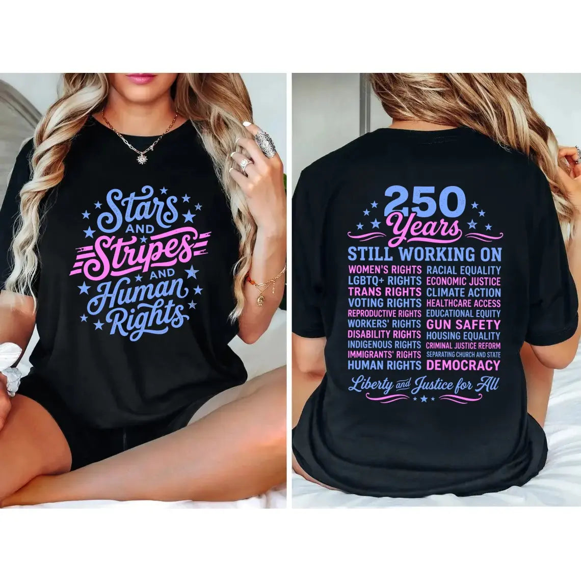Stars and Stripes and Human Rights Graphic Tee, 250 Years America Still Working on Social Justice
