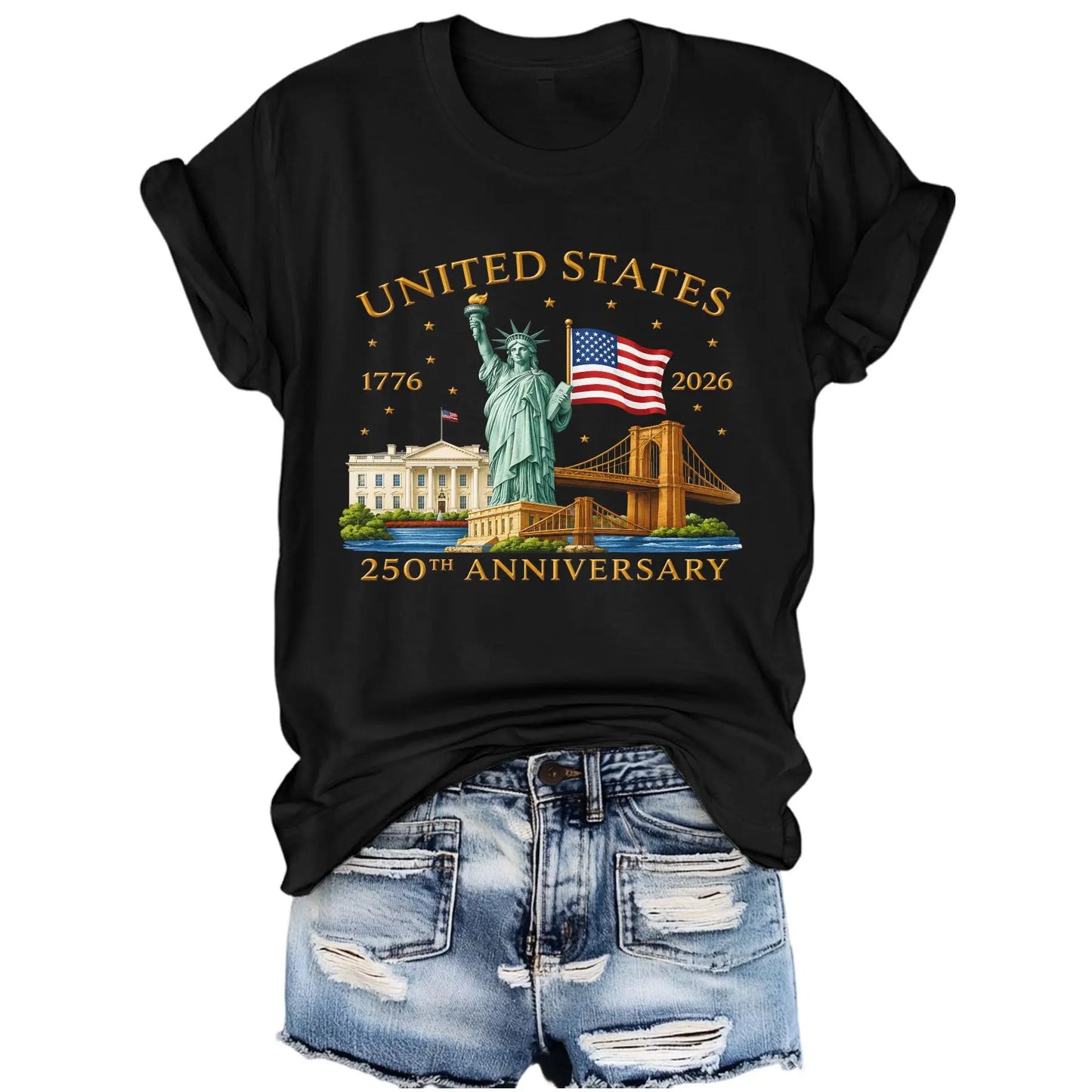 Patriotic 1776 2026 USA 250Th Anniversary Patriotic Graphic T Shirt, Aesthetic Americana Y2K Short Sleeve Crewneck Top with American Flag & Statue of Liberty Pattern for Men Women Juniors