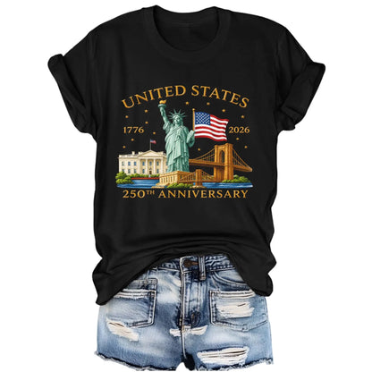 Patriotic 1776 2026 USA 250Th Anniversary Patriotic Graphic T Shirt, Aesthetic Americana Y2K Short Sleeve Crewneck Top with American Flag & Statue of Liberty Pattern for Men Women Juniors