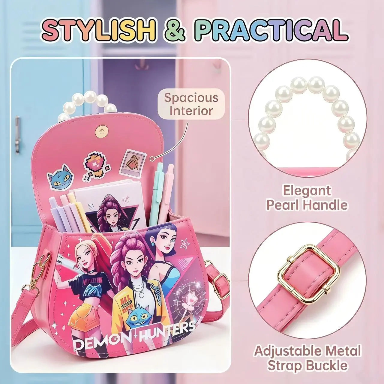 Cute Girls Crossbody Bag with Pearl Handle, Small Shoulder Purse for Kids, Lightweight Fashion Handbag for Travel, Party, School, Holiday Gift, Doll Accessory Included, Adjustable Strap, Convertible Shoulder & Crossbody Bag