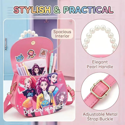 Cute Girls Crossbody Bag with Pearl Handle, Small Shoulder Purse for Kids, Lightweight Fashion Handbag for Travel, Party, School, Holiday Gift, Doll Accessory Included, Adjustable Strap, Convertible Shoulder & Crossbody Bag