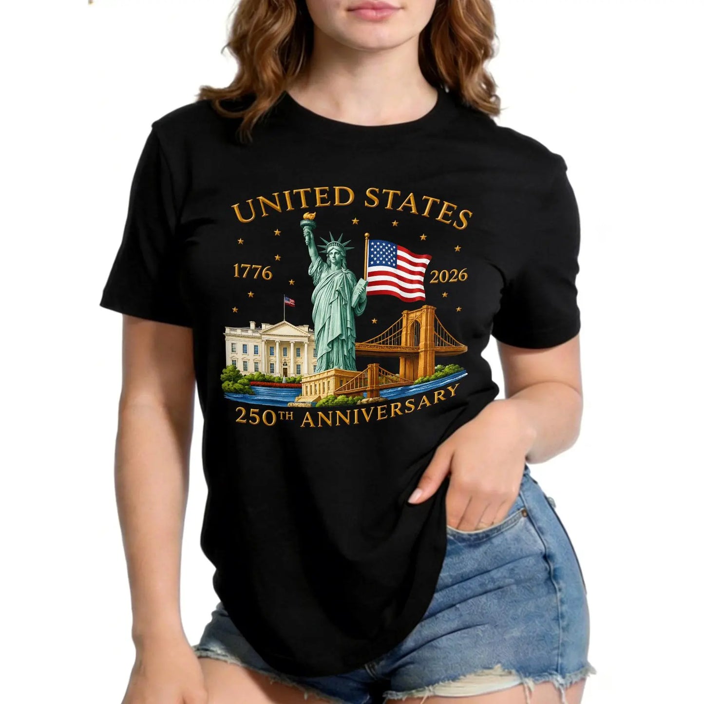 Patriotic 1776 2026 USA 250Th Anniversary Patriotic Graphic T Shirt, Aesthetic Americana Y2K Short Sleeve Crewneck Top with American Flag & Statue of Liberty Pattern for Men Women Juniors